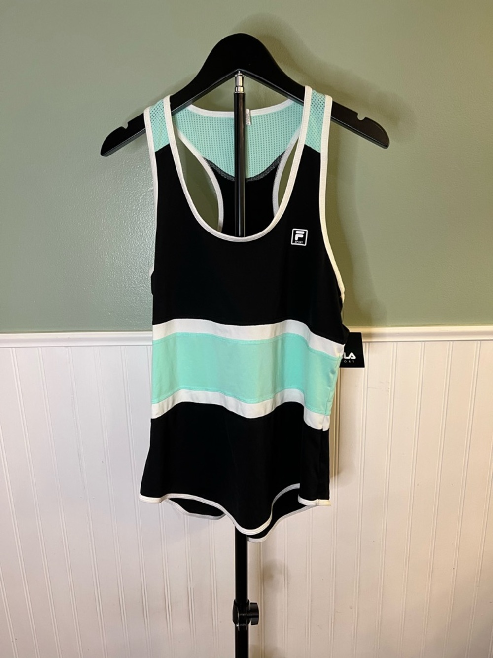 Fila Black, Mint & White Striped Racerback Tank Top. Size S